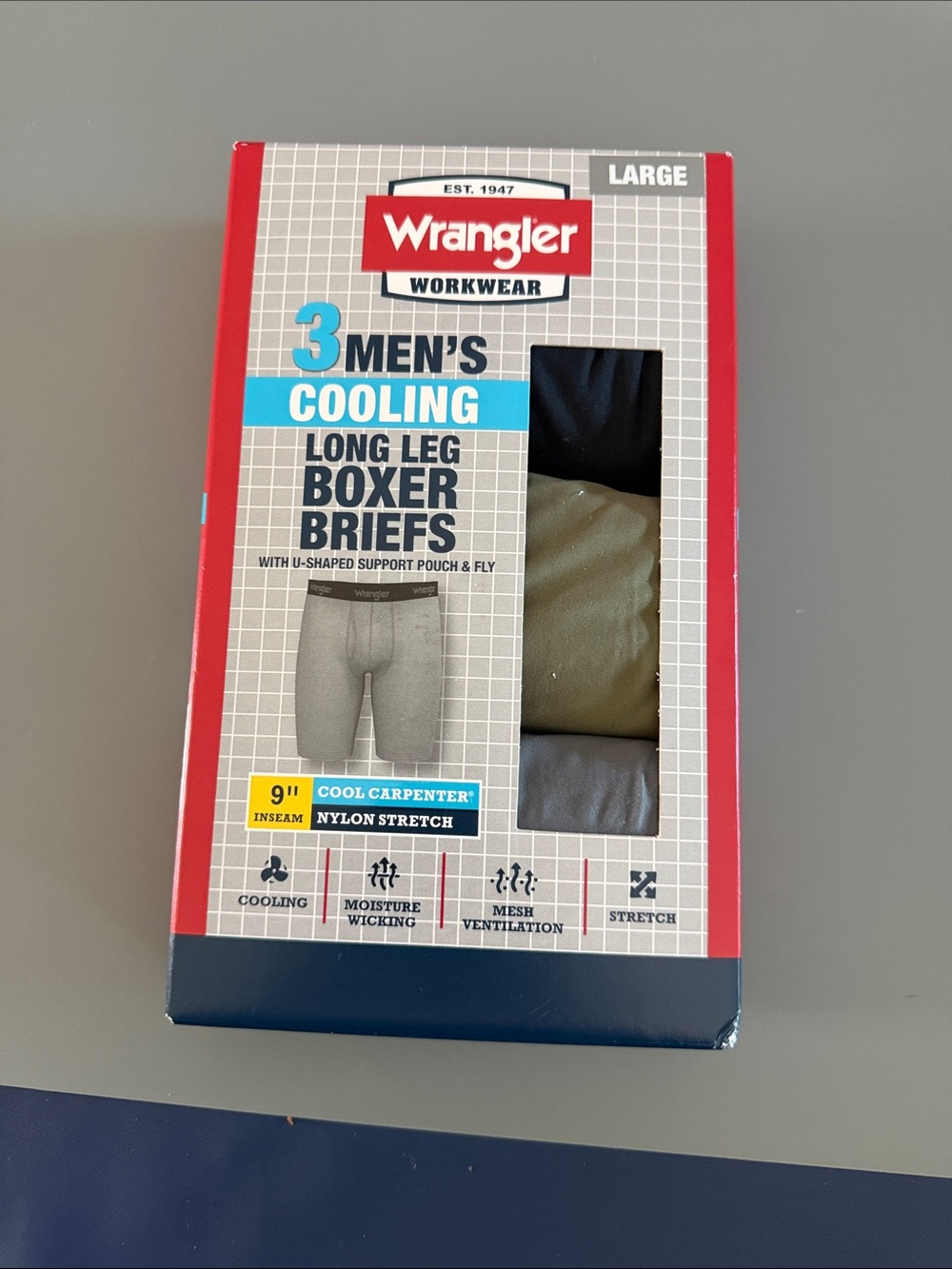 Wrangler Men's Long Leg Boxer Briefs - Black, Olive, Gray (3-Pack)